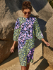 Etuikleider Purple Jewel Neck Piping Polyester Charmantes asymmetrisch bedrucktes Midi-Tunika-Kleid