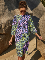 Etuikleider Purple Jewel Neck Piping Polyester Charmantes asymmetrisch bedrucktes Midi-Tunika-Kleid