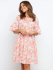 Etuikleider Rosa Kurzarm Ärmel Kurzes Tunika-Kleid mit Blumenmuster und lässigem Juwelenhals