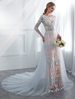 Farbige Brautkleider Baby Blue Lace Langarm Brautkleid mit Zug