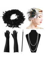 Faschingskostüm 1920er Jahre Flapper Stirnband Pfau große Gatsby Schmuck Set Federn Perlen Tabakpfeife Halskette Handschuhe Karneval Kostüm Retro Zubehör Karneval Kostüm