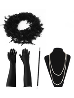 Faschingskostüm 1920er Jahre Mode Great Gatsby Accessoires Flapper Frauen Federn Perlen Halskette Tabakpfeife Handschuhe Set Karneval Kostüm