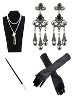 Faschingskostüm 1920er Jahre Mode Great Gatsby Accessoires Flapper Frauen Perlen Halskette Tabak Pfeife Ohrringe Handschuhe Set für 20er Jahre Party Kleid Accessoires Karneval Kostüm