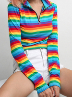 Faschingskostüm 1970er Jahre Kostüm Retro Kostüme Frauen Regenbogen Streifen Half Zip Top Karneval Kostüm
