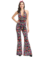 Faschingskostüm 1970er Jahre Starflower Hippie Kostüm Frauen Retro Kostüme Schwarz Print Jumpsuit Kopfbedeckung Hippies Faschingskostüm