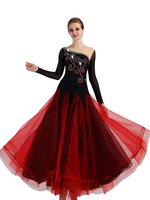 Faschingskostüm Ballroom Dance Kostüm Burgundy Frauen Long Sleeve Organza Sicke Training Tanzkleider Karneval Kostüm