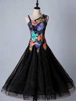 Faschingskostüm Ballroom Dance Kostüm Kleider Floral Schwarz Frauen Langarm Organza Praxis Tanzen Kostüm Karneval Kostüm