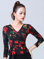 Faschingskostüm Ballroom Dance Kostüme Burgund Frauen Blumendruck Rayon Ballroom Dancer Top Surplice Knoten Dance Wear Karneval Kostüm Karneval Kostüm