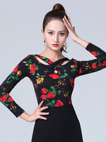 Faschingskostüm Ballroom Dance Kostüme Burgund Frauen Riemchen Kreuz Floral Print Rayon Ballroom Dancer Top Karneval Kostüm Karneval Kostüm