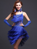Faschingskostüm Blaue Latein Tanz Kleid Riemen Fringe Milch Seidenkleid