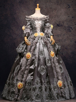 Faschingskostüm Graue Vintage Kostüm Rokoko Spitze Rüschen aus der Schulter Blumen Perlen Ballkleid Kleid