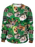 Faschingskostüm Grünes Sweatshirt St. Patricks Day 3D gedruckte Hundekatze-Klee-Pullover-Unisexirisches langes Hülsen-Oberteil Karneval Kostüm Karneval Kostüm