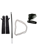 Faschingskostüm Große Gatsby Kostüm Zubehör Charleston 1920er Jahre Flapper Headpiece schwarze Handschuhe Karneval Vintage Perlen Halskette Zigarettenspitze Feder Schal. Karneval Kostüm