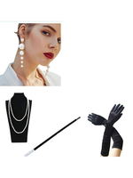 Faschingskostüm Große Gatsby Zubehör der 1920er Jahre Frauen Flapper Stirnband Perlen Halskette Ohrringe Tabakpfeife Handschuhe Set Karneval Kostüm Karneval Kostüm