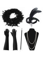 Faschingskostüm Große Gatsby Zubehör der 1920er Jahre Retro Flapper Stirnband Federn Perlen Halskette Tabak Rohr Handschuhe Set Karneval Kostüm Karneval Kostüm