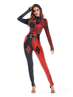 Faschingskostüm Harley Quinn Karneval Kostüm Jumpsuit Frauen schwarz und rot bedrucktes Langarmkostüm