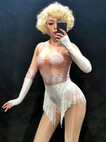 Faschingskostüm Jazz Dance Kostüm Karneval Frauen Sexy Weiß Langarm Illusion Nachtclub Tragen Overall Karneval Kostüm