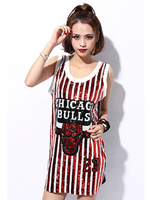 Faschingskostüm Jazz Dance Kostüm Rote Paillettenweste Frauen Gestreifte Stier Gedruckte Hip Hop Tanzen T-Shirt Kleid