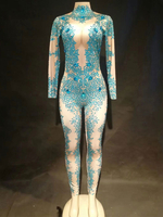 Faschingskostüm Jazz Dance Kostüm Sexy Frauen Blau Langarm Perlen Jumpsuits Karneval Kostüm