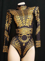 Faschingskostüm Jazz Dance Kostüm Sexy Frauen Gold Langarm Retro Nachtclub Tragen Bodysuits Karneval Kostüm Karneval Kostüm