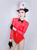 Faschingskostüm Jazz Dance Kostüme Frauen Semi Sheer Bow Backless PU-Leder Jumpsuit Red Dancing Wear Karneval Kostüm Karneval Kostüm