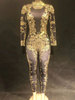 Faschingskostüm Jazz-Tanz-Overall-Gold bördelnd gedruckte lange Hülsen-sexy Nachtklub-Kostüme für Frauen Karneval Kostüm