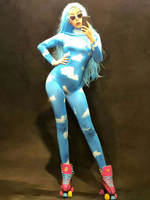 Faschingskostüm Jazztanz Kostüm Blau Wolke Gedruckt Langarm Overall Sexy Frauen Nachtclub Tragen Karneval Kostüm