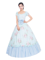 Faschingskostüm Karneval Kostüm Mittelalter Kleidung kurze Ärmel Babyblau und Printmuster und Schleife Barock Kostüm Rokoko Kleid Renaissance Kleidung Karneval Kostüm