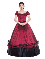 Faschingskostüm Karneval Kostüm Mittelalter Kleidung kurze Ärmel Burgunderrot und Printmuster und Schleife Barock Kostüm Rokoko Kleid Renaissance Kleidung Karneval Kostüm
