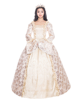 Faschingskostüm Karneval Kostüm Mittelalter Kleidung Lange Ärmel Beige und Printmuster Barock Kostüm Rokoko Kleid Renaissance Kleidung Viktorianische Königin Kostüm Karneval Kostüm