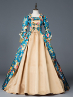 Faschingskostüm Karneval Kostüm Mittelalter Kleidung Lange Ärmel Blaugrün und Printmuster und Schleife Barock Kostüm Rokoko Kleid Renaissance Kleidung Karneval Kostüm