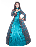 Faschingskostüm Karneval Kostüm Mittelalter Kleidung Lange Ärmel Cyan und Printmuster Barock Kostüm Rokoko Kleid Renaissance Kleidung Viktorianische Königin Kostüm Karneval Kostüm