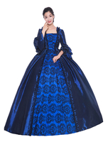Faschingskostüm Karneval Kostüm Mittelalter Kleidung Lange Ärmel Dunkelblau und Printmuster Barock Kostüm Rokoko Kleid Renaissance Kleidung Viktorianische Königin Kostüm Karneval Kostüm