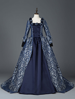 Faschingskostüm Karneval Kostüm Mittelalter Kleidung Lange Ärmel Dunkelmarineblau und Printmuster Barock Kostüm Rokoko Kleid Renaissance Kleidung Karneval Kostüm