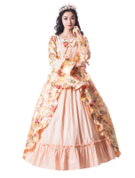 Faschingskostüm Karneval Kostüm Mittelalter Kleidung Lange Ärmel Gold und Printmuster und Schleife Barock Kostüm Rokoko Kleid Renaissance Kleidung Karneval Kostüm