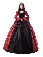 Faschingskostüm Karneval Kostüm Mittelalter Kleidung Lange Ärmel Rot und Printmuster und Rüschen Barock Kostüm Rokoko Kleid Renaissance Kleidung Karneval Kostüm