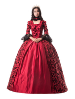 Faschingskostüm Karneval Kostüm Mittelalter Kleidung Lange Ärmel Rot und Printmuster und Schleife Barock Kostüm Rokoko Kleid Renaissance Kleidung Karneval Kostüm