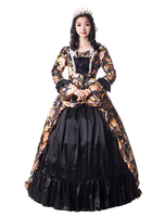 Faschingskostüm Karneval Kostüm Mittelalter Kleidung Lange Ärmel Schwarz und Printmuster und Schleife Barock Kostüm Rokoko Kleid Renaissance Kleidung Karneval Kostüm