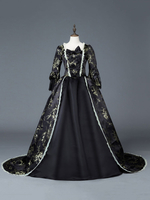 Faschingskostüm Karneval Kostüm Mittelalter Kleidung Lange Ärmel Schwarz und Printmuster und Schleife Barock Kostüm Rokoko Kleid Renaissance Kleidung Karneval Kostüm