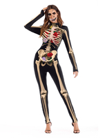 Faschingskostüm Karneval Kostüm Skelett Knochen Blumen Schwarz Frauen Langarm Skinny Overall Karneval Kostüm