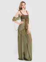 Faschingskostüm Kostüm Karneval Frauen Chiffon in Olivgrün für Damen Kunstseide Set Genie mit Flügeln&und Kleid Karneval Kostüm