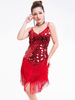 Faschingskostüm Latin Dance Dresses Red Damen Pailletten Quasten Neckholder Short Sexy Dancing Kostüm Karneval Kostüm