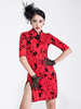 Faschingskostüm Latin Dance Kostüm Cheongsam Kleid Rote halbe Hülse Split Floral Print Tanzkostüme Karneval Kostüm Karneval Kostüm