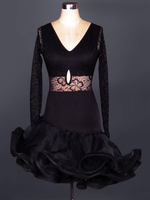 Faschingskostüm Latin Dance Kostüm Lace V Neck Langarm ausgeschnitten zweifarbigen Rüschen Bodycon Latein Tanzkleid