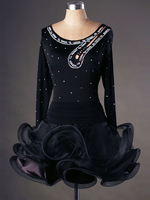 Faschingskostüm Latin Dance Kostüm Organza Scoop Neck Longsleeve Strass Perlen ausgeschnitten Rüschen Latin Dance Kleid