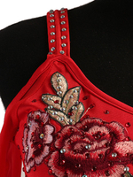 Faschingskostüm Latin Dance Kostüm Red Frauen Langarm Cold Shoulder bestickt Perlen kurze Latin Dancing Dress Karneval Kostüm