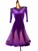 Faschingskostüm Latin Dance Kostüm Velour Semi Sheer Purple Damen Lycra Spandex Kleid Latin Dancer Dancing Wear