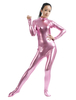 Faschingskostüm Reißverschluss glänzend metallisch Zentai Anzug für Frauen in Rosa