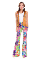 Faschingskostüm Retro Disco Kostüm Karneval Kostüm 1970er Jahre Starflower Hippie Frauen Quasten Blumen bedruckte Hosen Top Weste 3 Stück