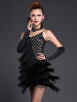 Faschingskostüm Schwarze Spanngurte Latein Tanz Kleid Fringe Milch Seidenkleid